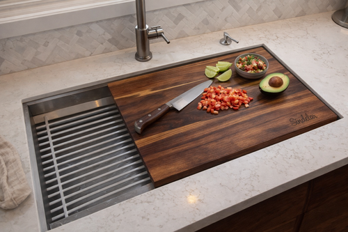 Teak cutting board for a Kohler Prolific workstation sink